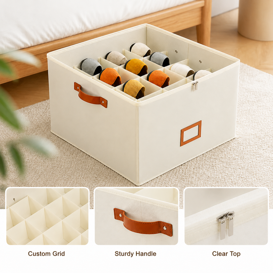 Cream shoe organizer on a rug with three close-ups: the compartment grid, the faux-leather handle, and the zippered clear top. 4