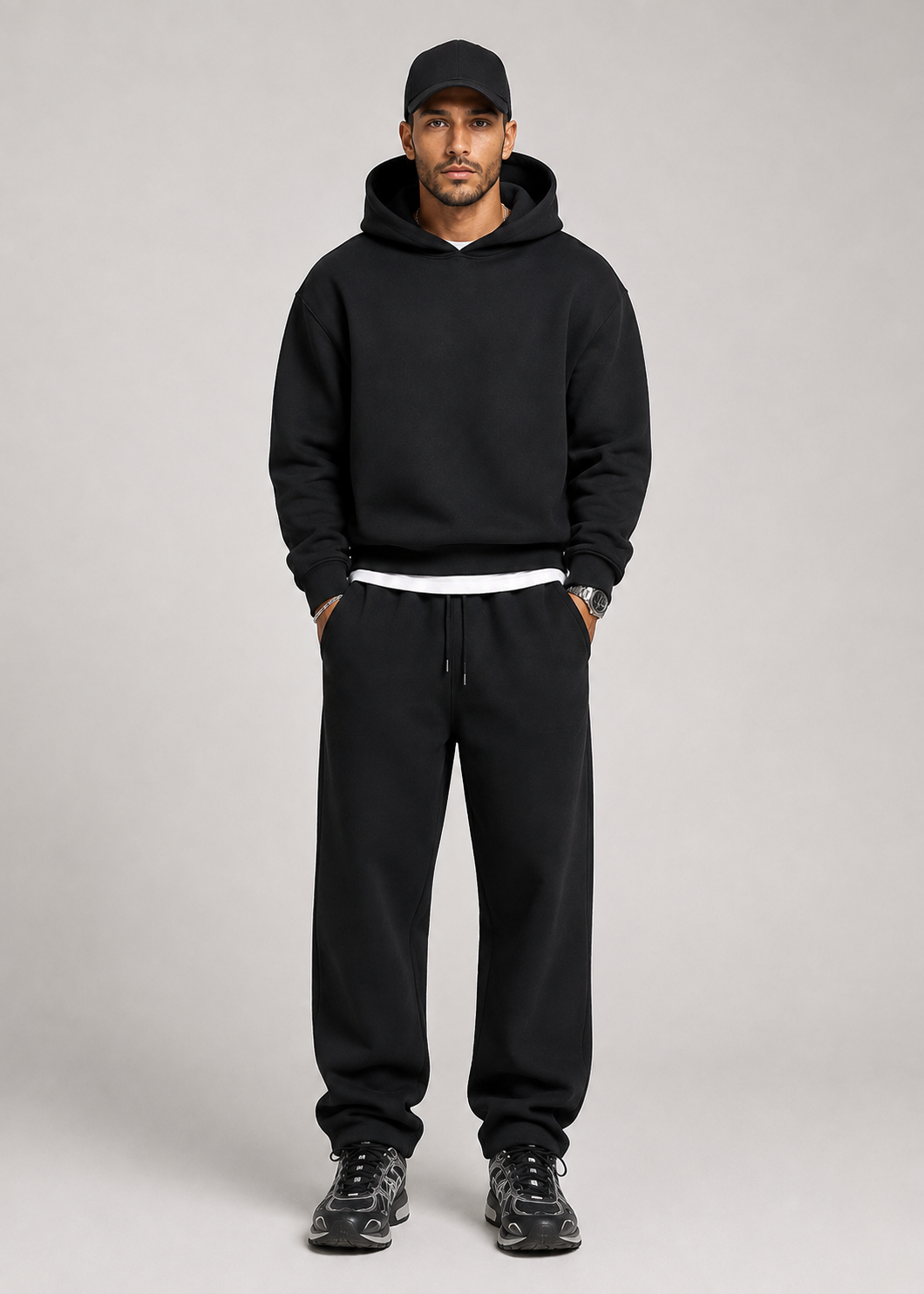 Men's black hoodie and jogger set, full-length front view on a gray studio backdrop.