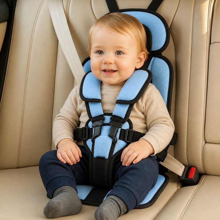 Light blue foldable kids travel seat on a cream rear car seat.