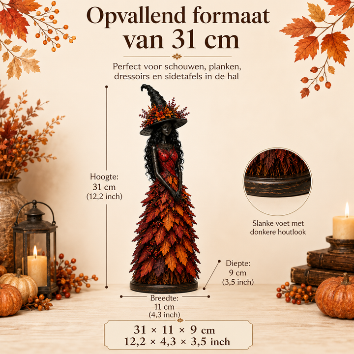 Red-orange witch figurine shown front-on with height, width and depth dimension lines and a close-up inset of its dark wood-look base. 3