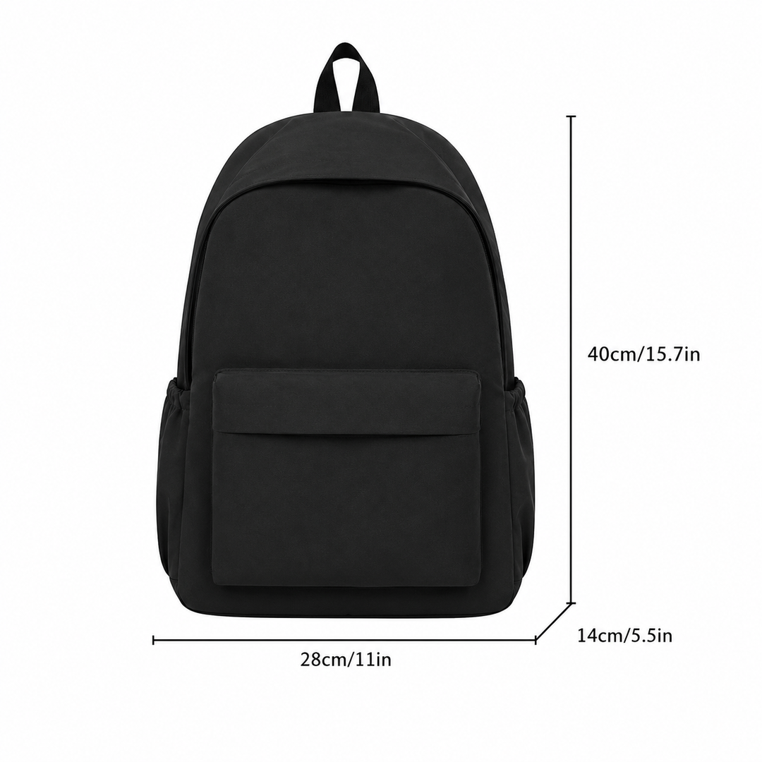 Black backpack detail on a white background with dimension lines marking its height, width and depth.