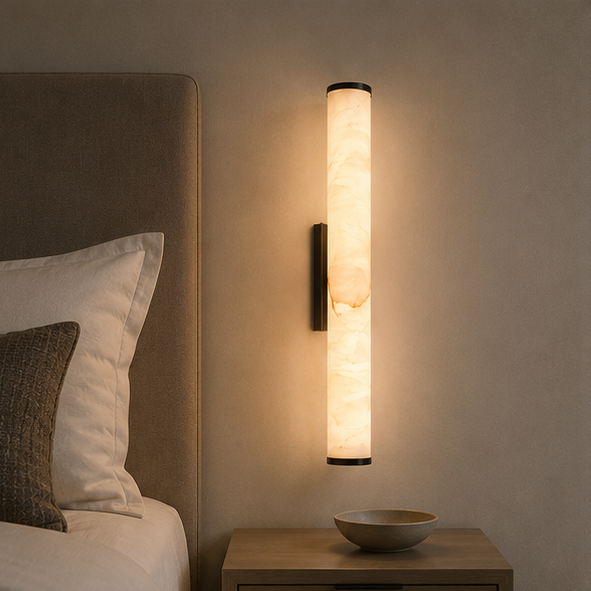 Tall marble sconce on a beige wall beside a bed with linen pillows, with a small bowl on the nightstand below.