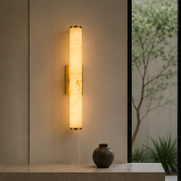 Brass-tone marble sconce glowing above a stone ledge with a dark round vase, beside a window showing a tree and plants.