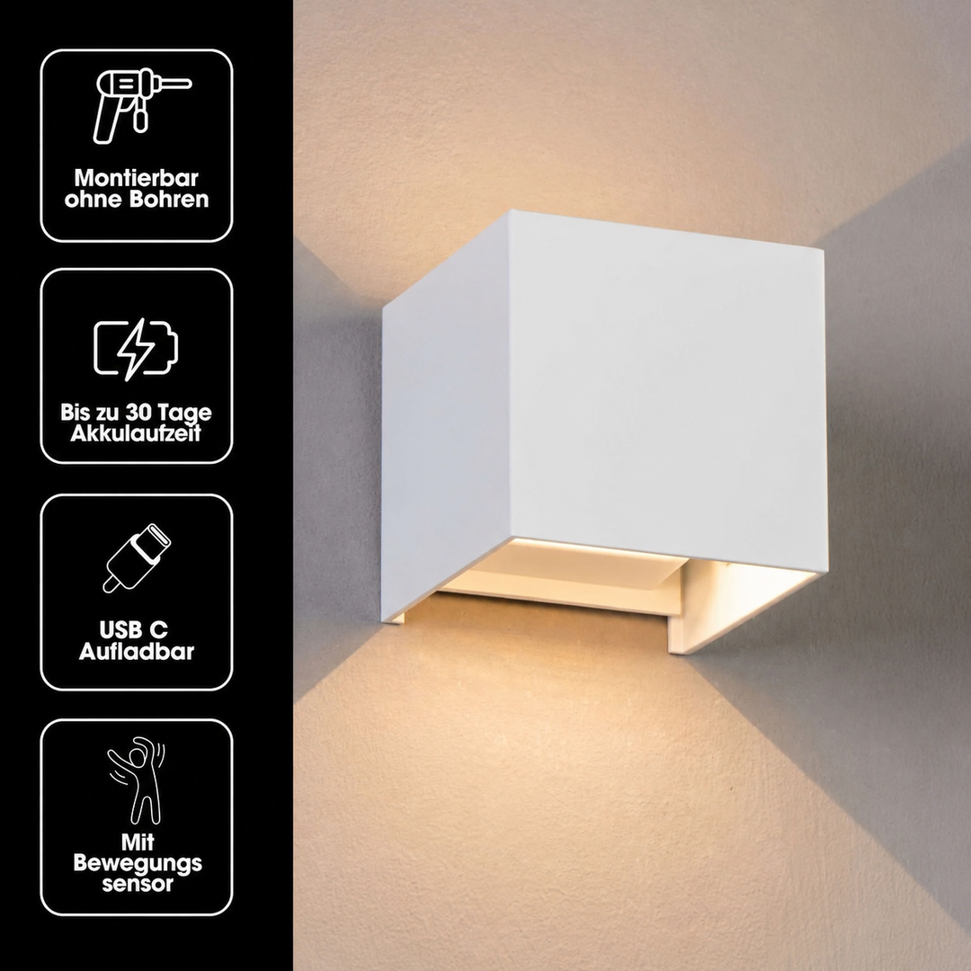 White cube wall lamp beside four icons for drill-free mounting, long battery life, USB-C charging and motion sensor. 19