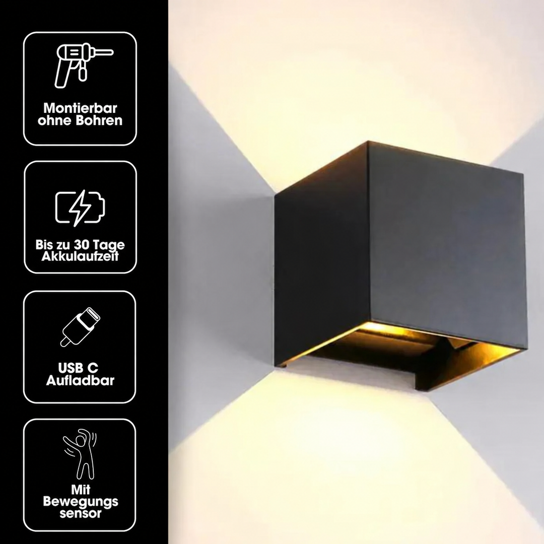 Black cube wall lamp beside four icons for drill-free mounting, long battery life, USB-C charging and motion sensor. 18