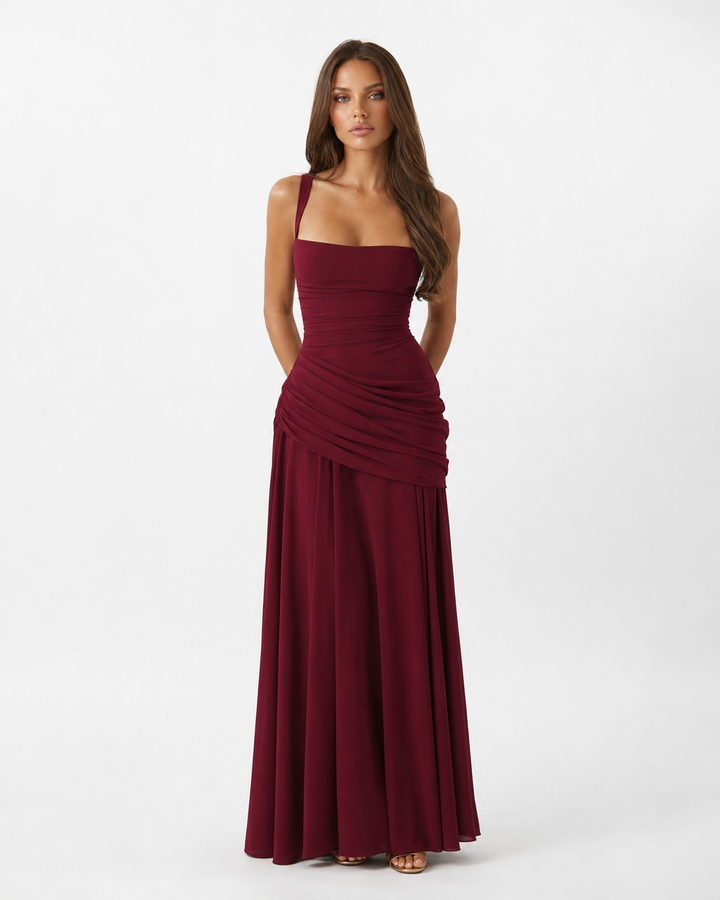 Side profile of the black dress, showing gathered hip ruching and the full skirt 16