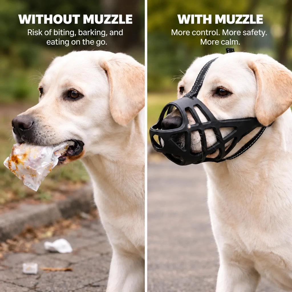 Split image of a Labrador carrying a food wrapper and wearing the black muzzle.