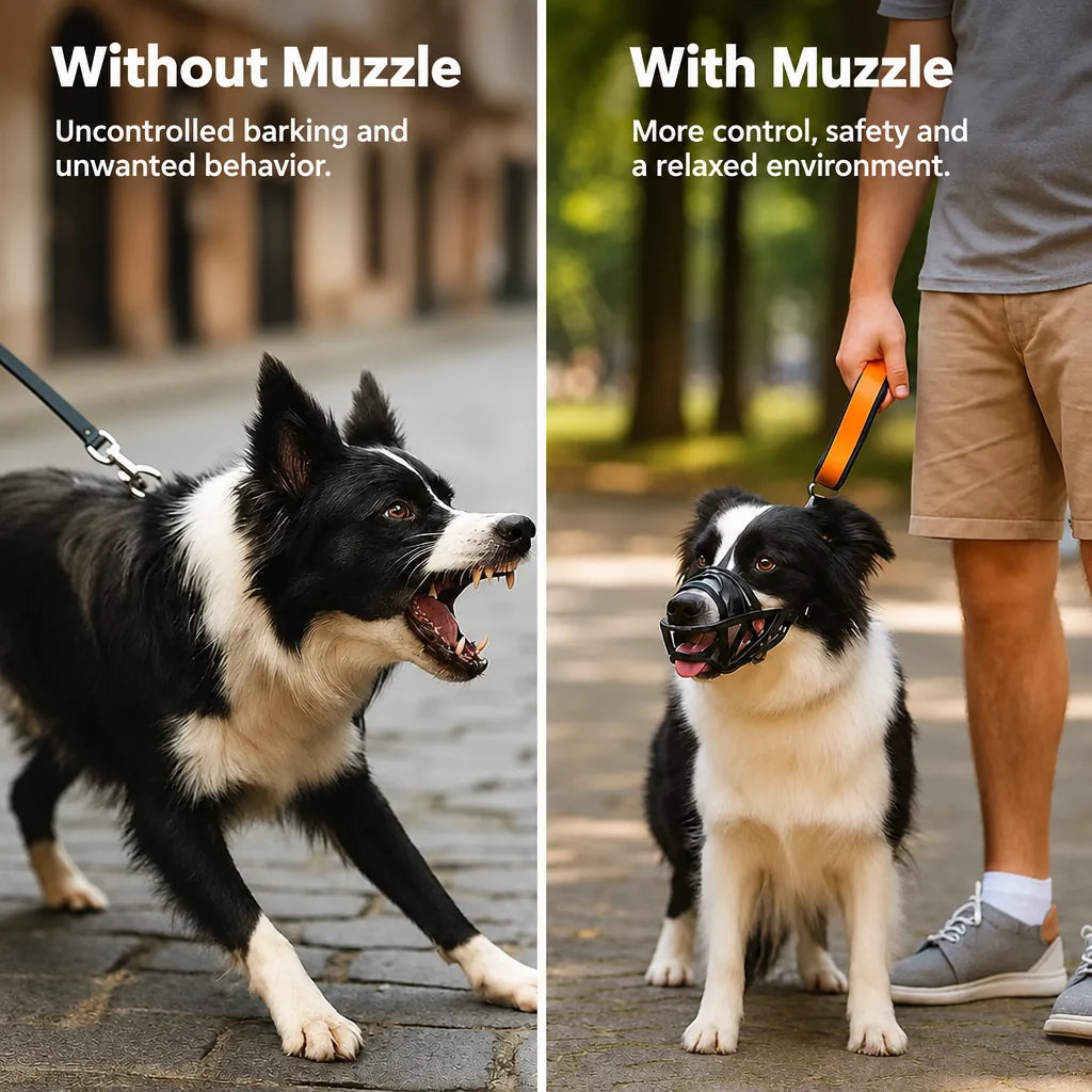 Split image of a border collie barking on a leash and calm in the black muzzle beside its owner.