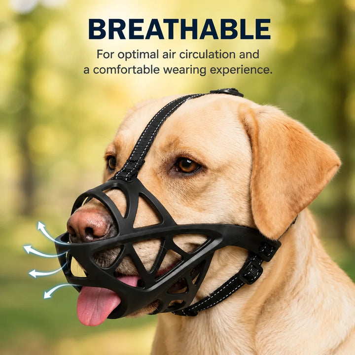 Yellow Labrador wearing the black cage muzzle with forehead and neck straps, showing air flow through the openings.