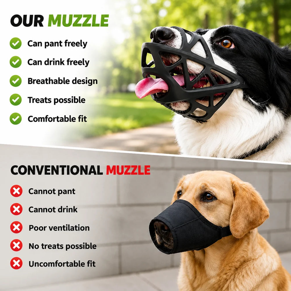 Comparison graphic showing a dog in the black open cage muzzle above a dog in a closed fabric muzzle.
