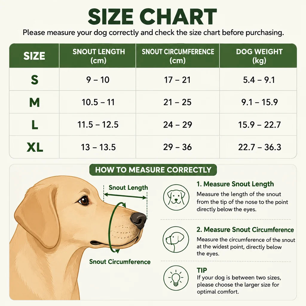 Size chart table for sizes S to XL with snout length, circumference and dog weight, plus diagrams showing how to measure.