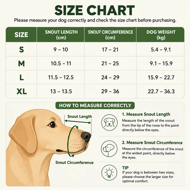 Size chart table for sizes S to XL with snout length, circumference and dog weight, plus diagrams showing how to measure.