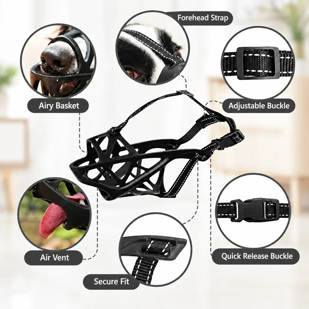 Black muzzle with close-ups of the airy basket, forehead strap, adjustable buckle, air vent, secure fit and quick-release buckle.