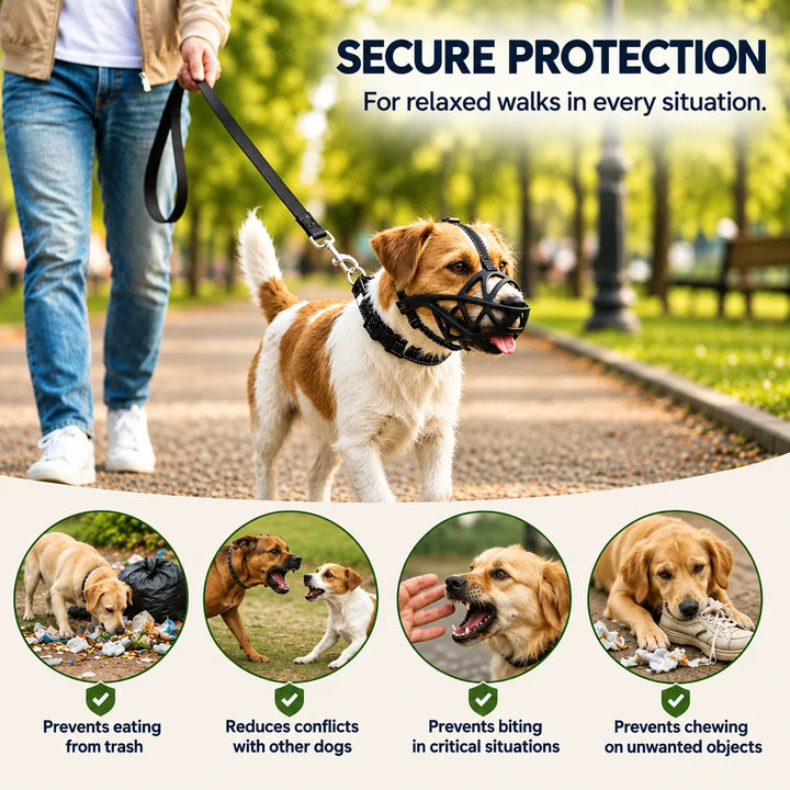 Muzzled terrier walking on a leash in a park, with circles showing problems the muzzle helps prevent.