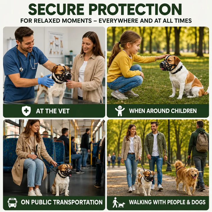 Four-panel collage of muzzled dogs at the vet, near a child, on a bus, and walking with people and dogs.