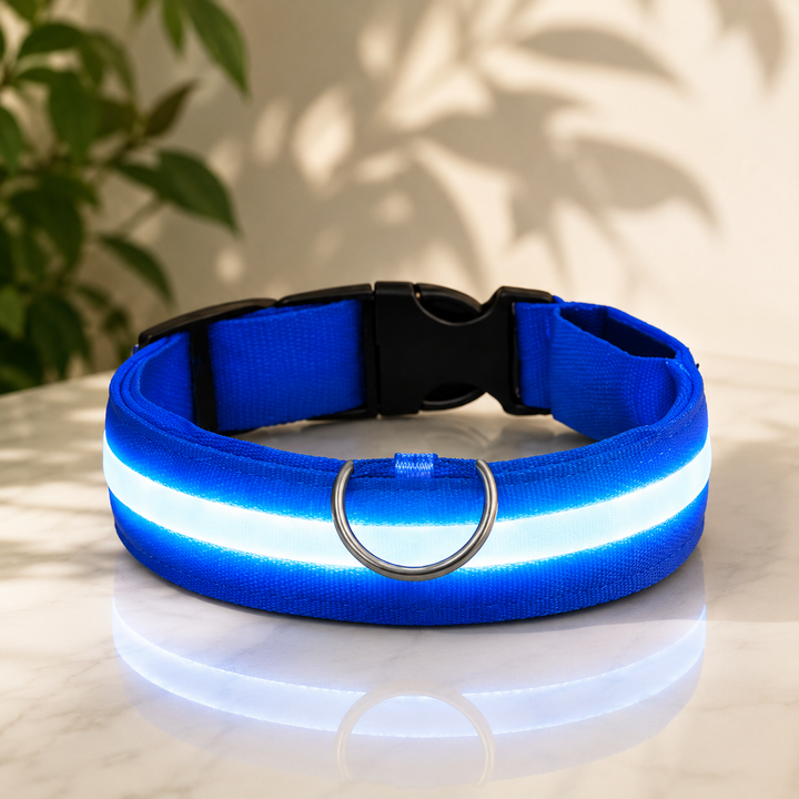 Blue nylon collar with a glowing light strip, metal D-ring and black buckle on a marble surface 1