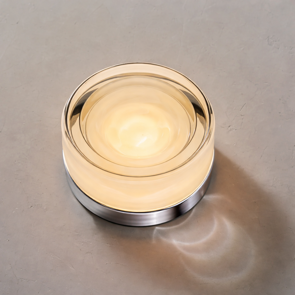 Top-down view of the glowing lamp on a textured gray surface, with a silver metal base and warm cream light. 34