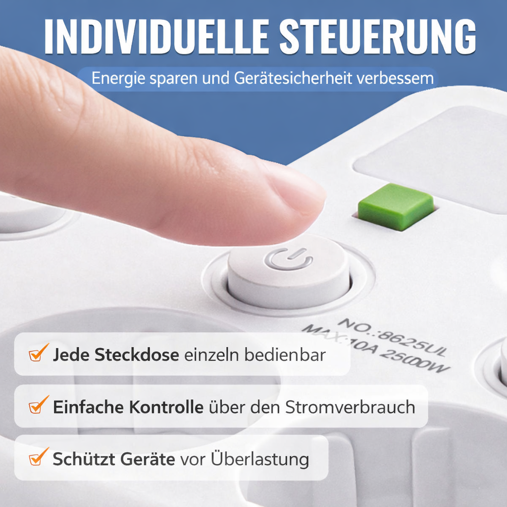 White power strip detail showing one round power switch and the green night-light button.