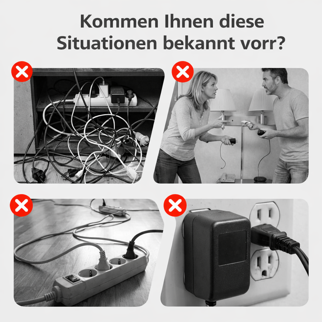 Power strip with cords and socket clutter illustration.