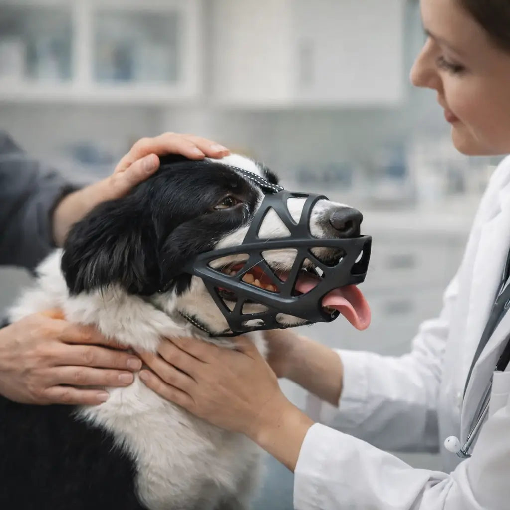 Veterinarian in a white coat examines a muzzled black and white dog while another person gently holds its head and neck.