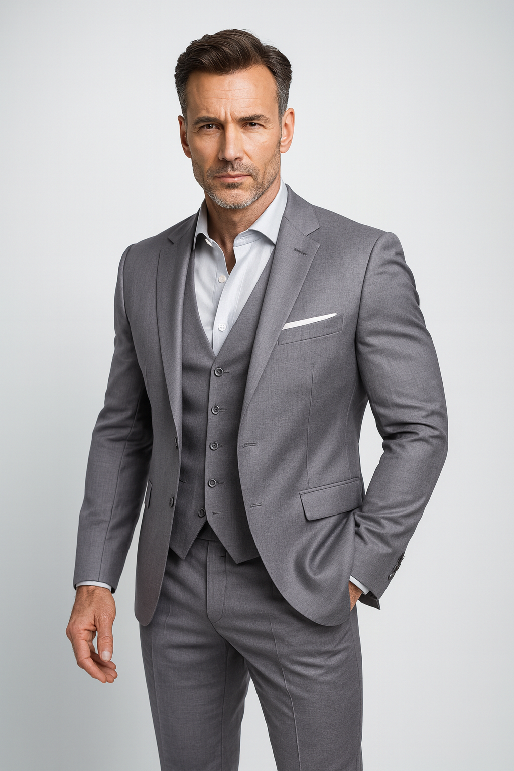 Model in the gray version of the three-piece suit with an open-collar white shirt, standing with one hand in pocket.