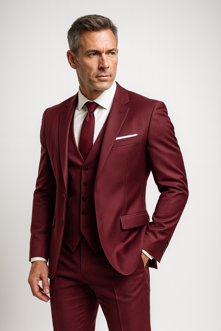 Model in the burgundy suit with a matching vest, tie and white pocket square, glancing off to the side.