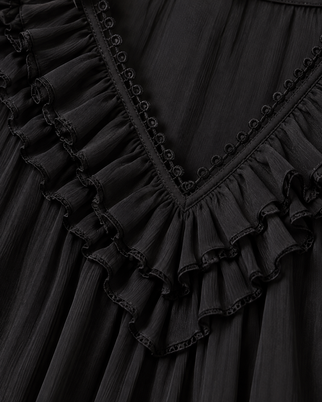 Close-up detail of the black V-neckline with layered chiffon ruffles and a looped lace trim along the edge. 5