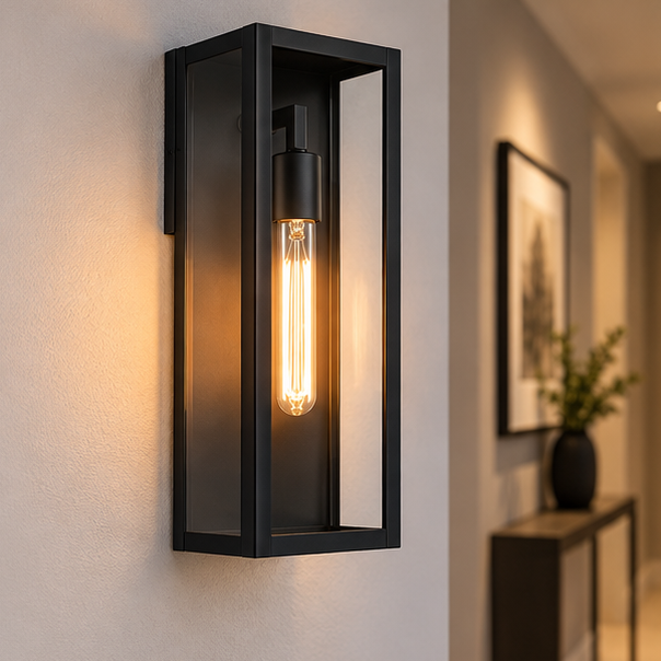 Black outdoor wall lantern with clear glass on a hallway wall with framed art and a console table nearby.