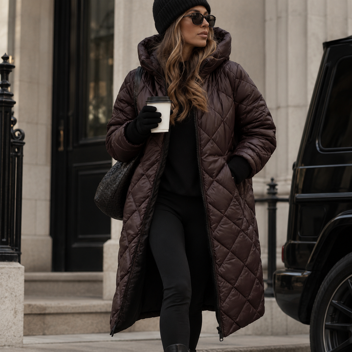Dark brown quilted long coat with a hood, another view.