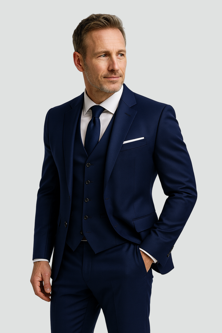 Model in a navy three-piece suit with matching tie and white pocket square, looking to the side with one hand in pocket.
