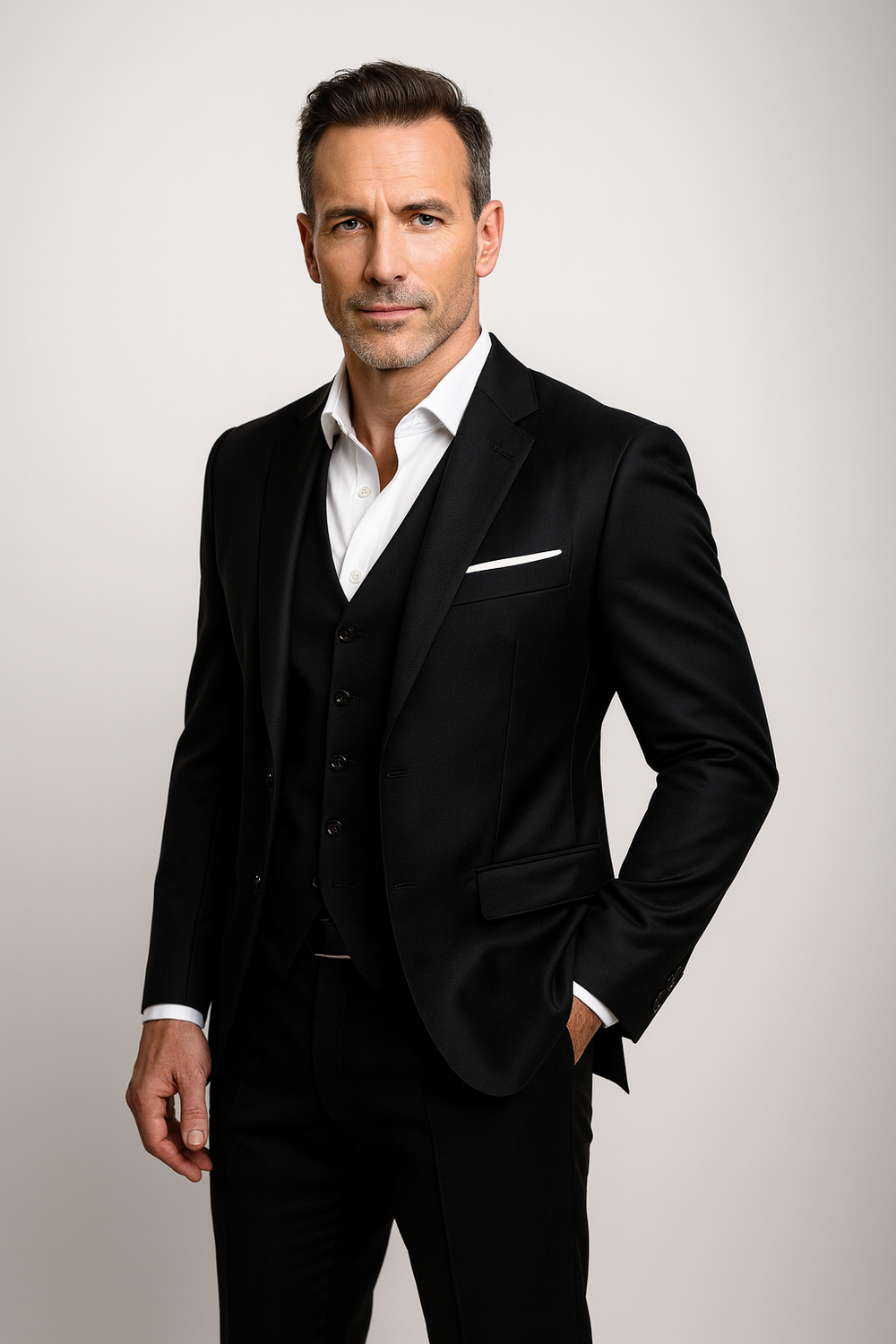 Model in the black version of the suit, worn with an open-collar white shirt and white pocket square, facing the camera.