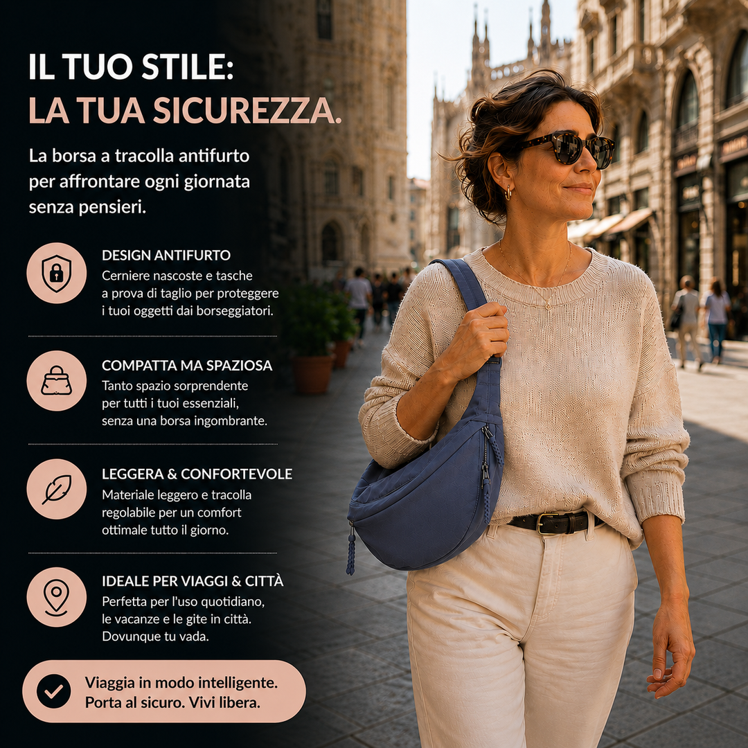 Woman in a cream sweater and sunglasses carries the blue crescent bag on her shoulder on a city street, beside a list of features. 2