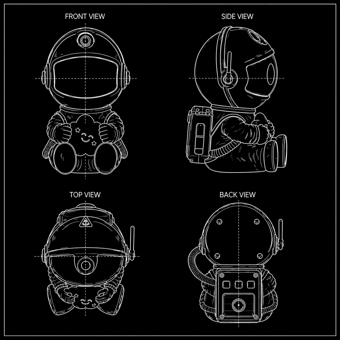 White line drawings of the astronaut projector on a black background showing front, side, top and back views.