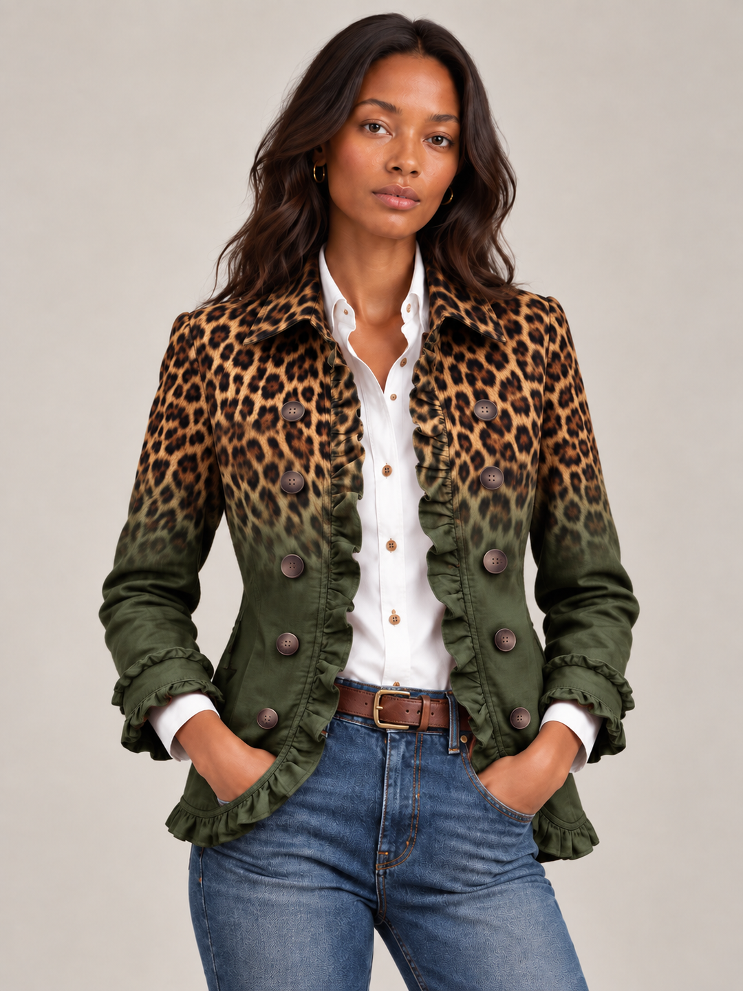 Front view of the olive green gradient leopard blazer with ruffled edges, worn over a white shirt with hands in pockets.
