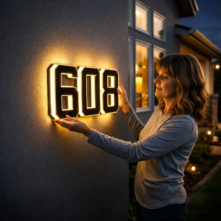 Woman at dusk mounts a glowing three-digit backlit house number on a textured stucco wall 1