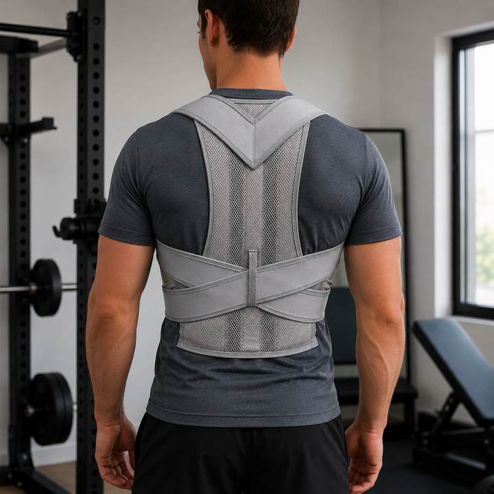 Man seen from behind wearing a gray mesh back brace over a gray T-shirt in a gym 1