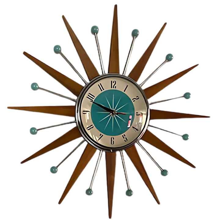 Starburst wall clock with walnut-toned wooden spikes, chrome rods tipped with teal balls, and a teal and cream dial.