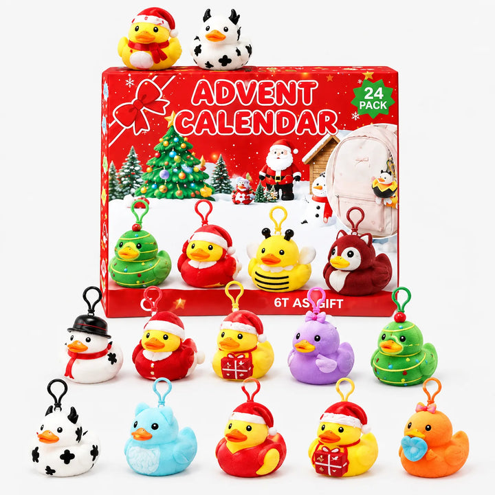 Red advent calendar box surrounded by plush rubber ducks with clip-on hooks, dressed as Santa, snowman, bee, and cow, with a backpack inset. 5