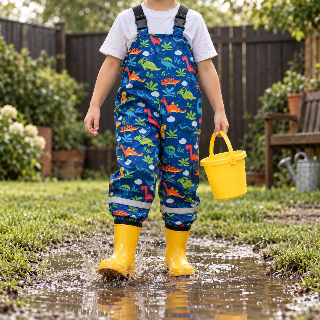 Child in blue dinosaur-print waterproof dungarees and yellow rain boots splashing through a muddy garden puddle, holding a yellow bucket. 1