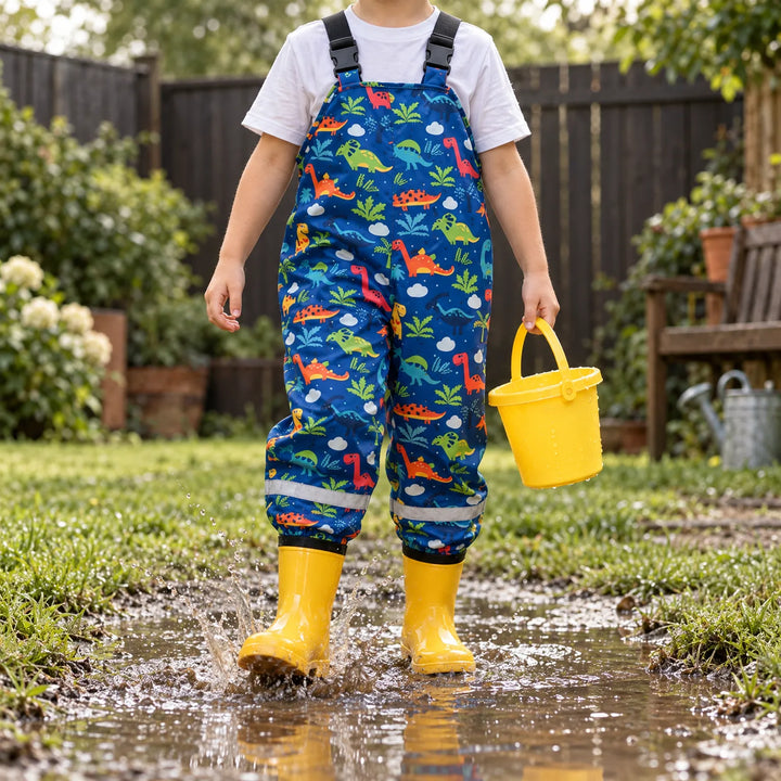Child in blue dinosaur-print waterproof dungarees and yellow rain boots splashing through a muddy garden puddle, holding a yellow bucket. 1