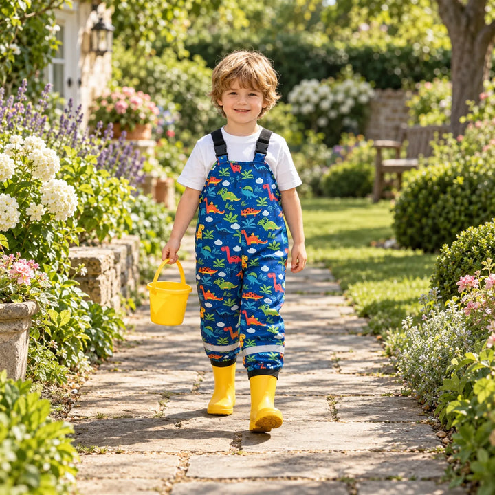 Smiling boy in blue dinosaur-print dungarees and yellow rain boots walking along a sunny garden path while carrying a yellow bucket. 3