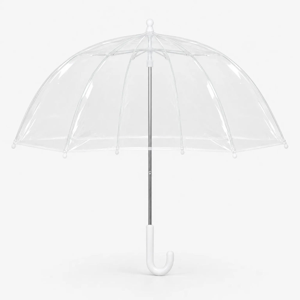 Clear dome umbrella with white ribs and a white J-shaped handle, shown open against a plain white background. 2