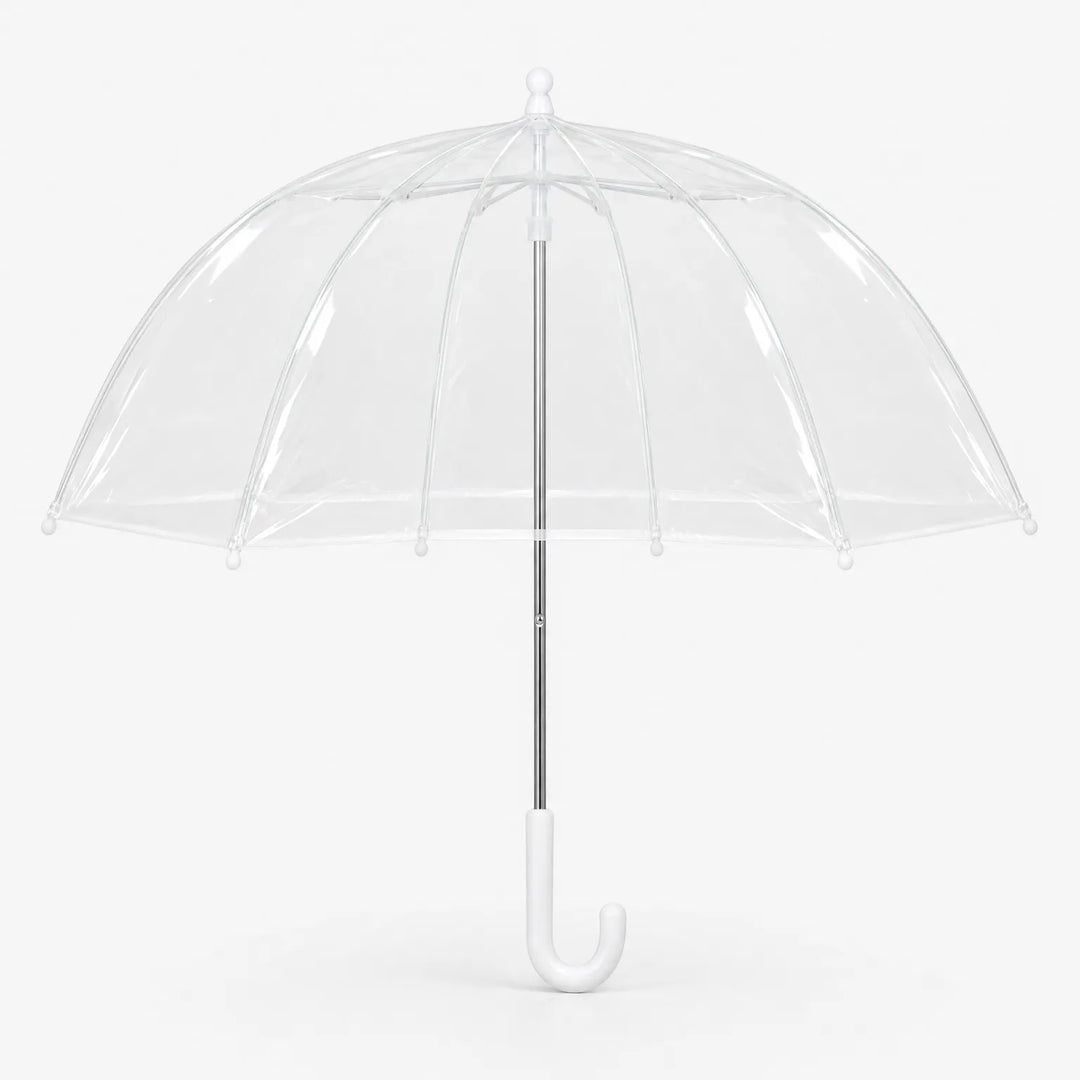 Clear dome umbrella with white ribs and a white J-shaped handle, shown open against a plain white background. 2