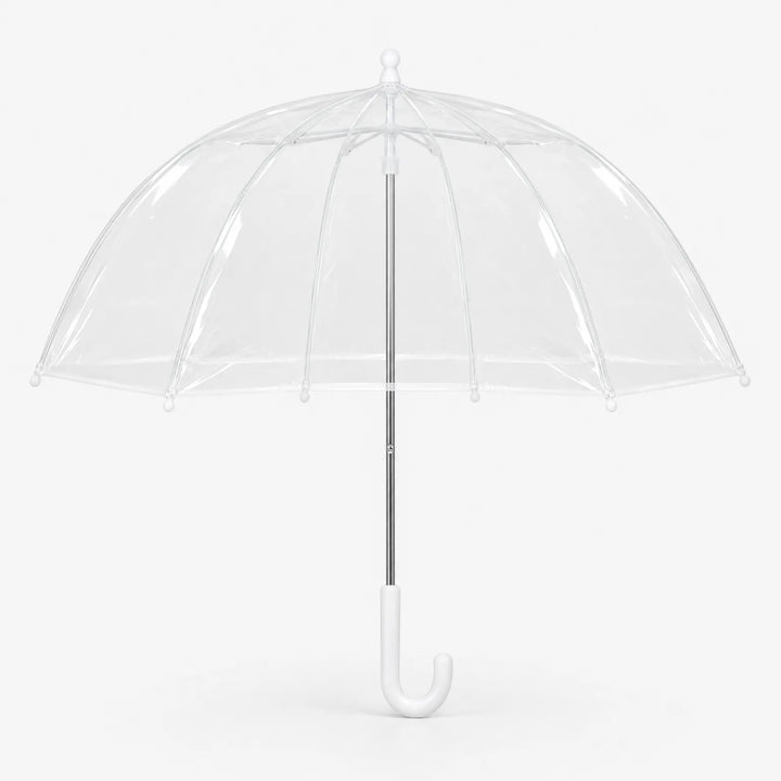 Clear dome umbrella with white ribs and a white J-shaped handle, shown open against a plain white background. 2