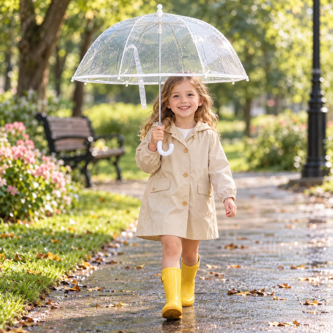 Girl in a beige raincoat and yellow rain boots walks along a wet park path holding the clear umbrella. 3