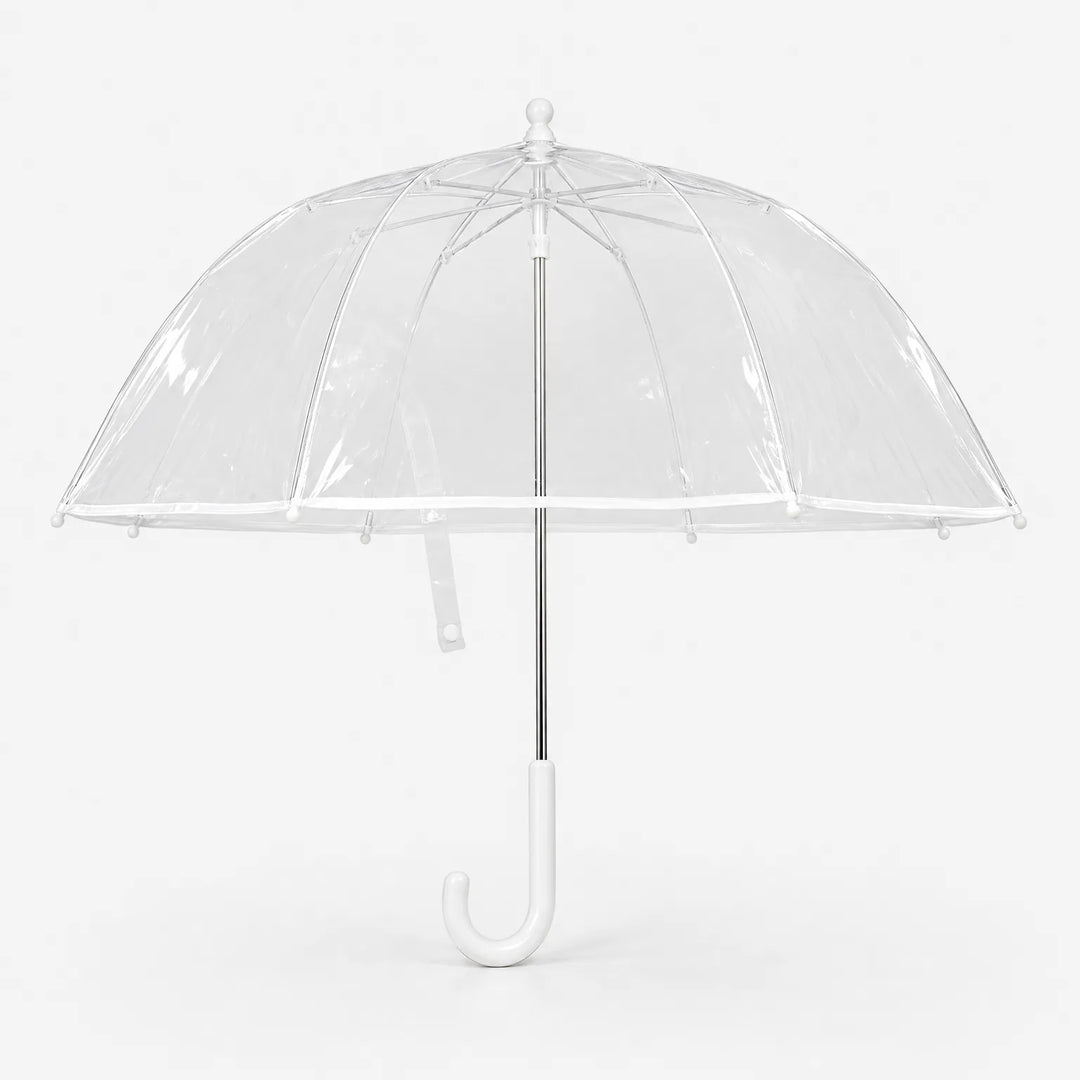 Open clear dome umbrella viewed from a slightly different angle, showing the white strap hanging below the rim and the hooked handle. 5