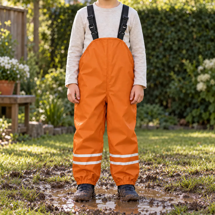 Child in orange waterproof bib overalls with reflective stripes stands in a muddy puddle on a garden lawn, muddy shoes visible. 1