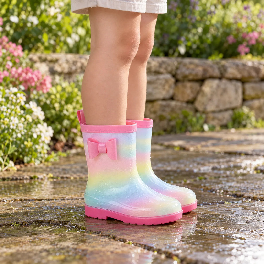 Child wearing pastel rainbow rain boots with a pink bow and pink cuff, standing on a wet stone path by flowers. 1