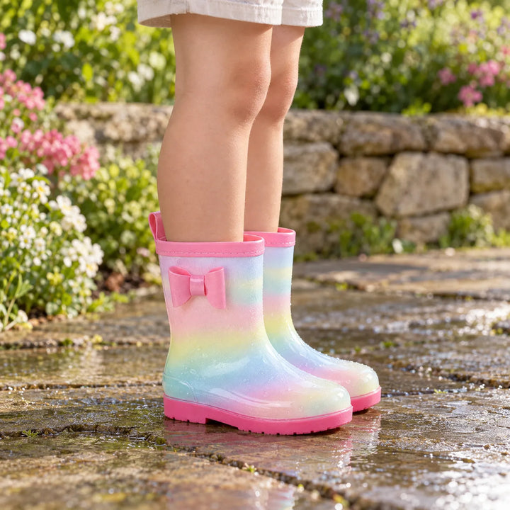 Child wearing pastel rainbow rain boots with a pink bow and pink cuff, standing on a wet stone path by flowers. 1