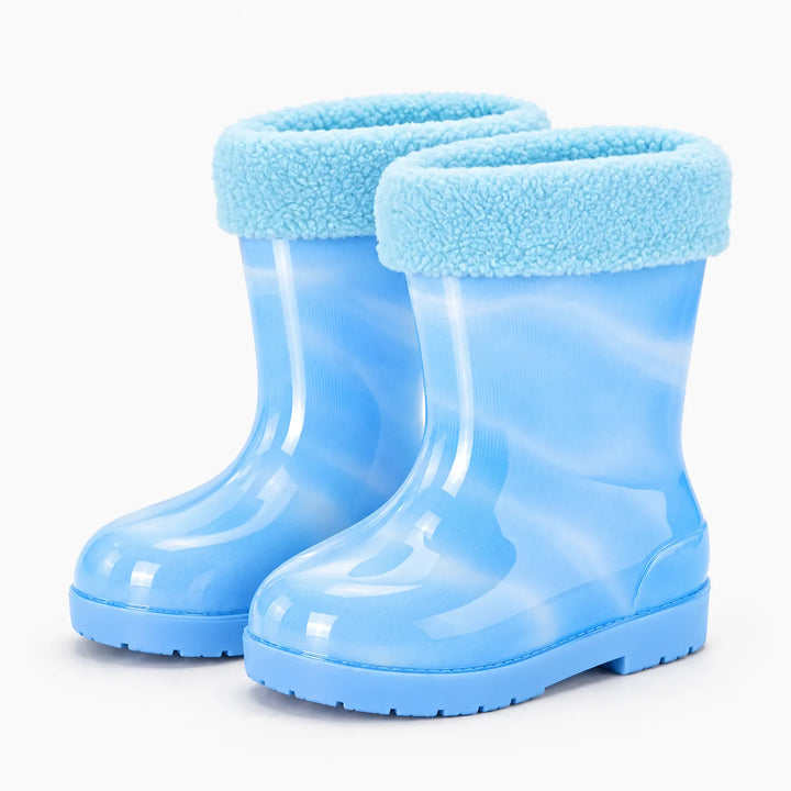 Pair of light blue rain boots with a soft, fluffy blue fleece cuff at the top. 12